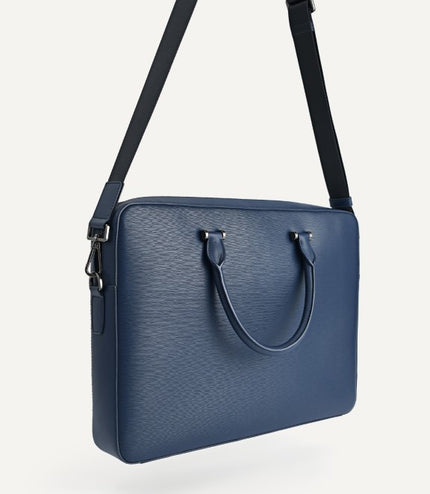 Textured Leather Briefcase - Navy