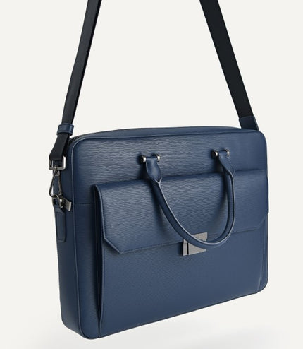 Textured Leather Briefcase - Navy