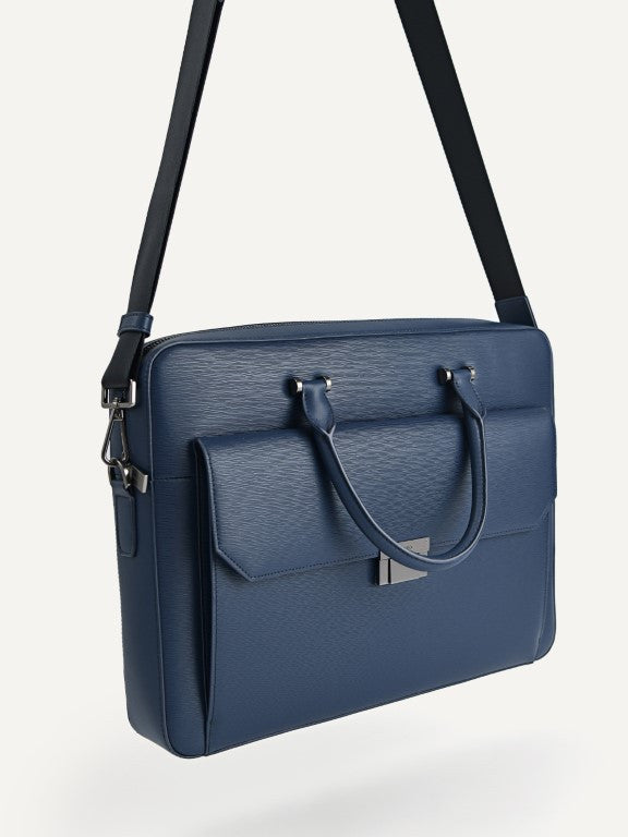 Textured Leather Briefcase - Navy