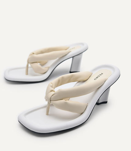 Padded Thong Heeled Sandals - Beige