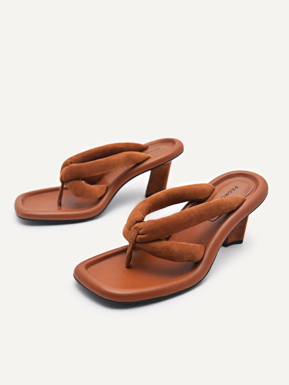 Padded Thong Heeled Sandals - Camel