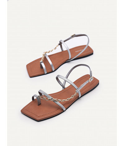 Metallic Strappy Sandals with Chain Strap