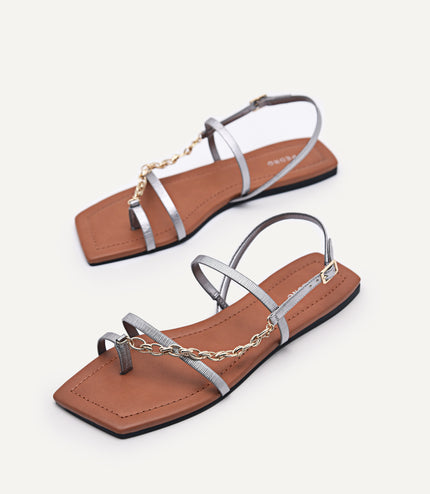 Metallic Strappy Sandals with Chain Strap