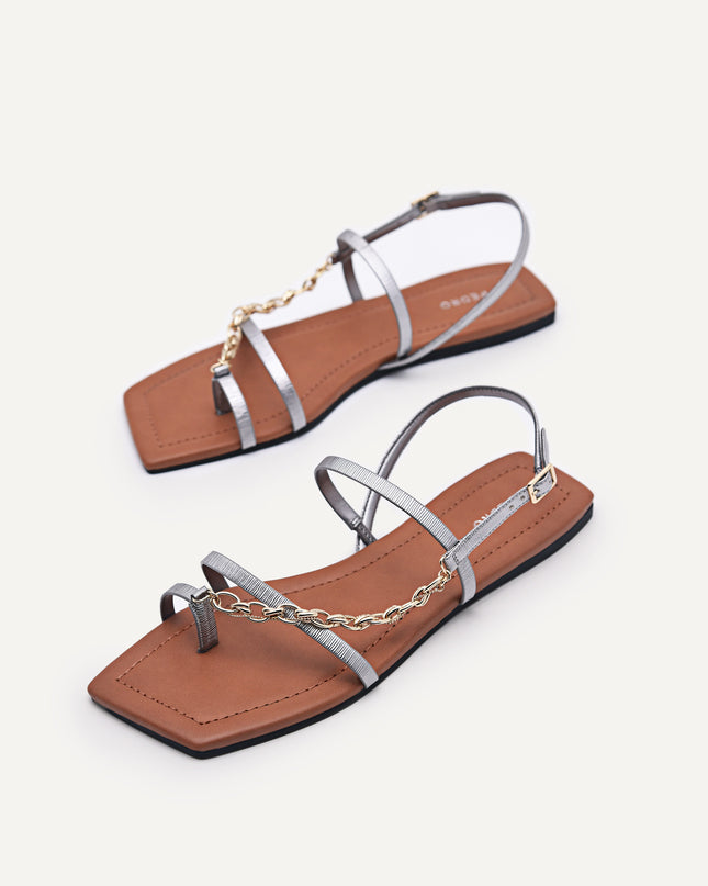 Metallic Strappy Sandals with Chain Strap