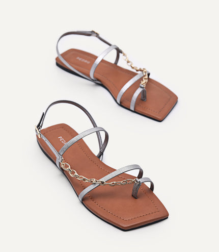 Metallic Strappy Sandals with Chain Strap
