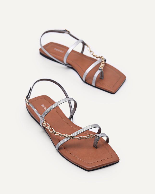 Metallic Strappy Sandals with Chain Strap