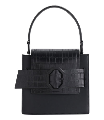 Croc-Effect Buckled Top Handle Bag