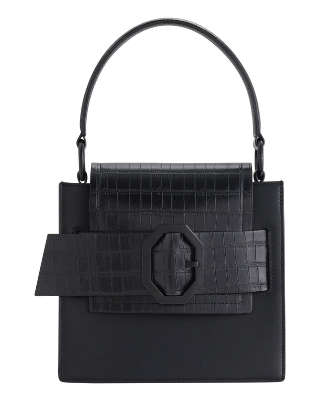 Croc-Effect Buckled Top Handle Bag
