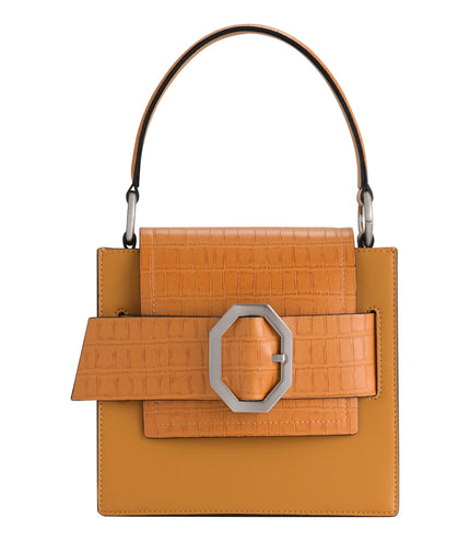 Croc-Effect Buckled Top Handle Bag