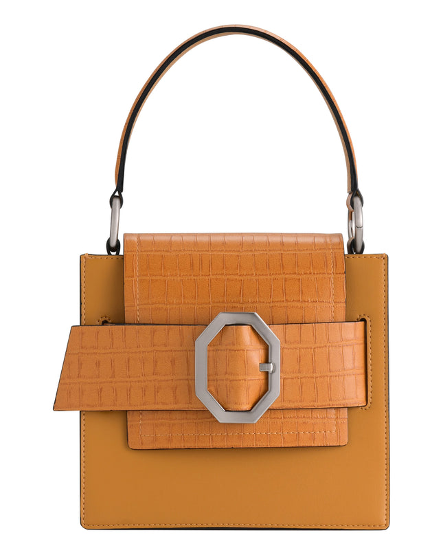Croc-Effect Buckled Top Handle Bag