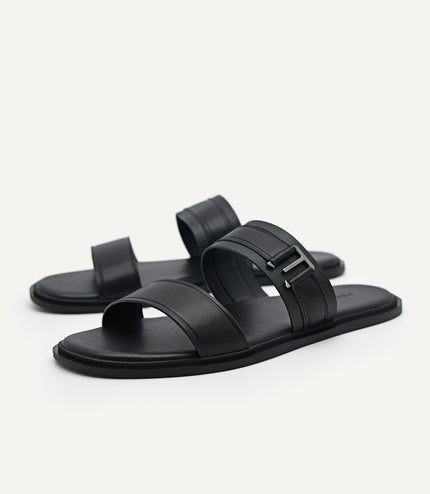 Backless Synthetic Leather Dress Sandals - Black
