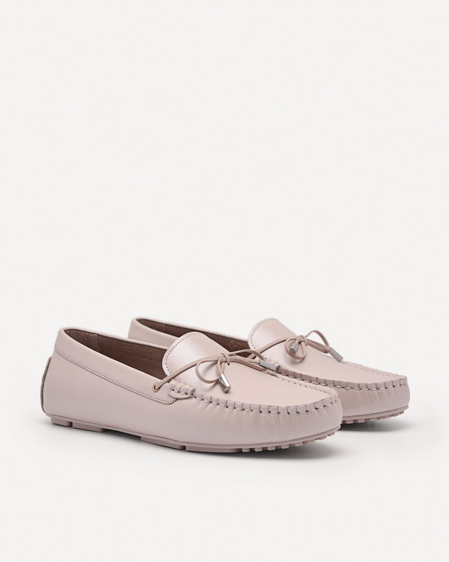Pearlized Calf Leather Bow Moccasins - Nude