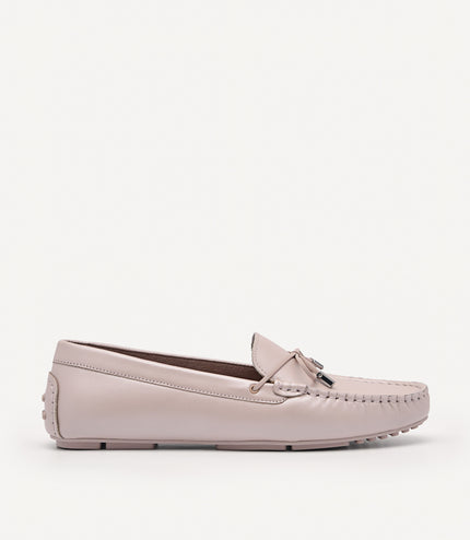 Pearlized Calf Leather Bow Moccasins - Nude