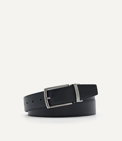 Embossed Leather Reversible Pin Belt Black