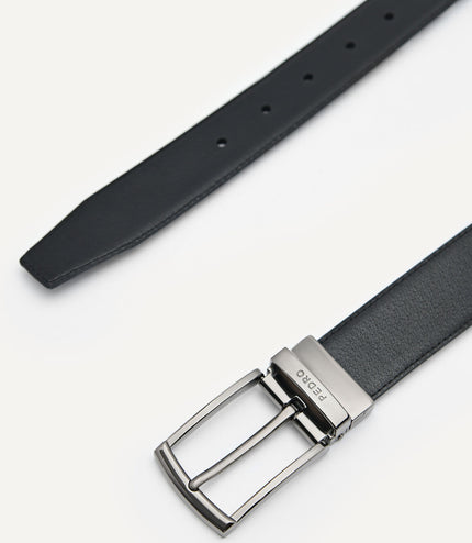 Embossed Leather Reversible Pin Belt Black