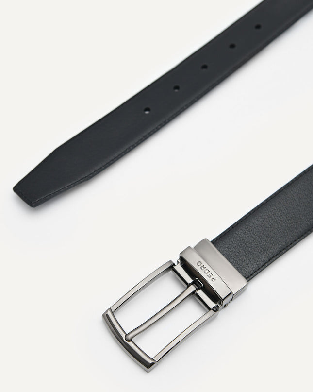 Embossed Leather Reversible Pin Belt Black