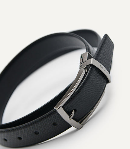 Embossed Leather Reversible Pin Belt Black