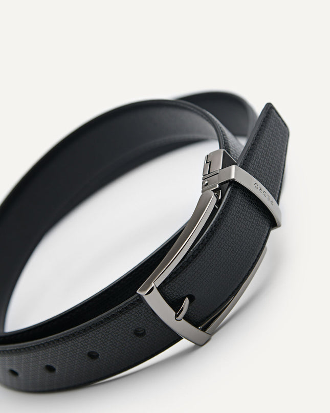 Embossed Leather Reversible Pin Belt Black