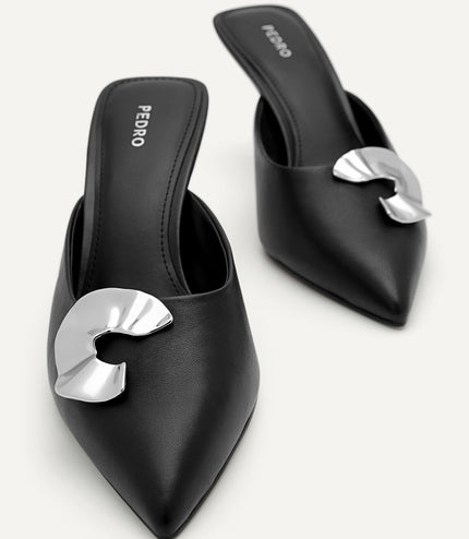 Iris Leather Heel Mules - Black