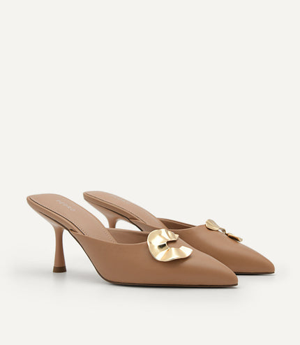 Iris Leather Heel Mules - Nude