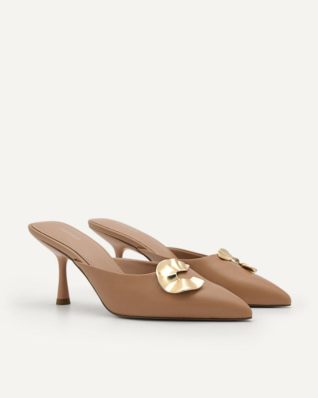 Iris Leather Heel Mules - Nude
