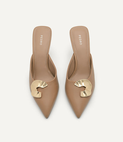 Iris Leather Heel Mules - Nude