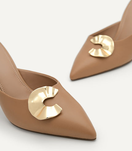Iris Leather Heel Mules - Nude