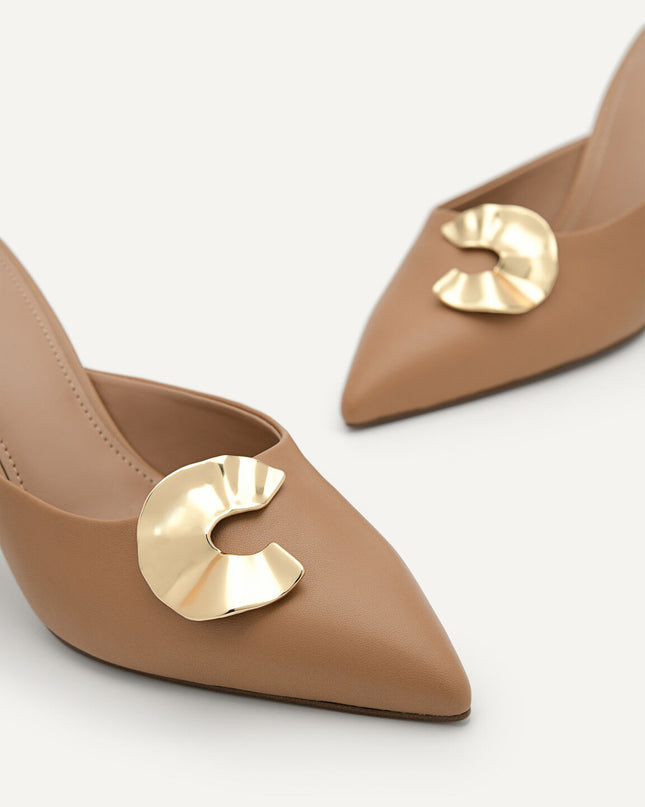 Iris Leather Heel Mules - Nude