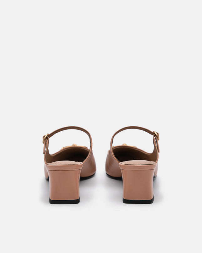 Jean Leather Heel Mules - Camel