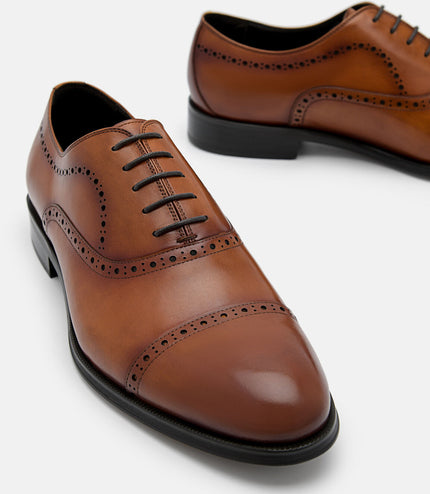 Leather Brogue Oxford Shoes - cognac