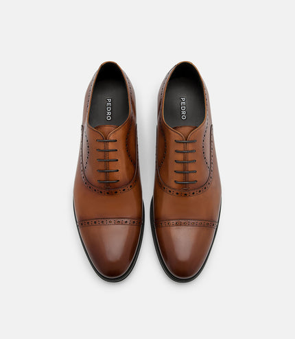 Leather Brogue Oxford Shoes - cognac