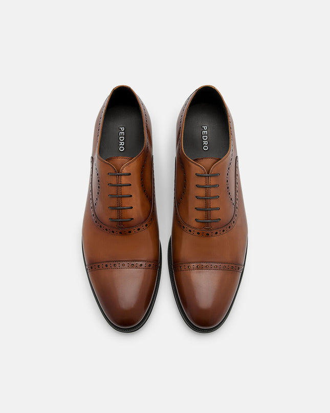 Leather Brogue Oxford Shoes - cognac