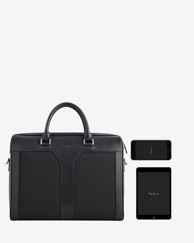 Leather Zipped Briefcase with Nylon Detail - Black