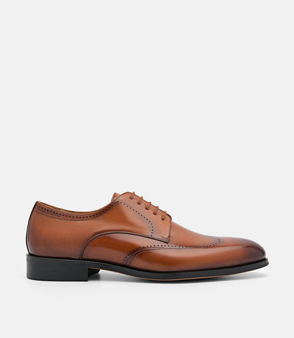 Leather Brogue Derby Shoes - Cognac