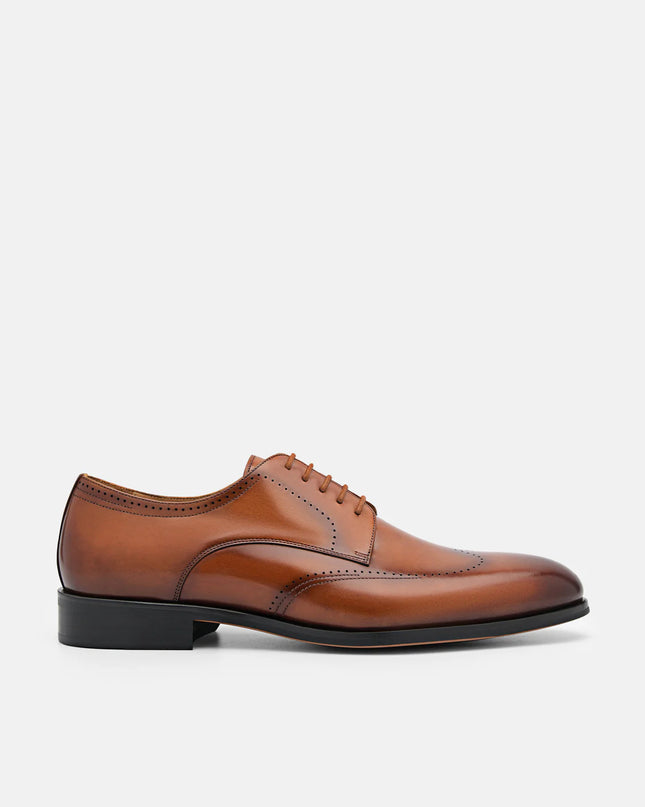 Leather Brogue Derby Shoes - Cognac