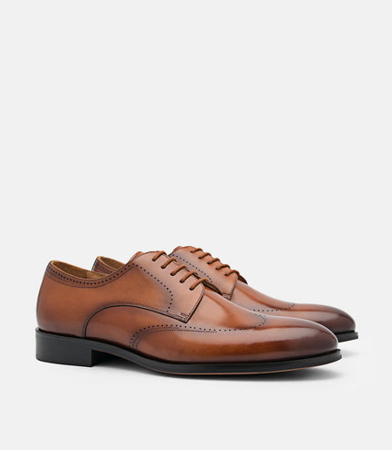 Leather Brogue Derby Shoes - Cognac