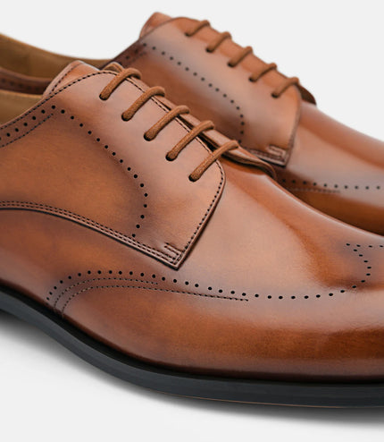 Leather Brogue Derby Shoes - Cognac