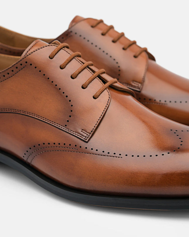 Leather Brogue Derby Shoes - Cognac
