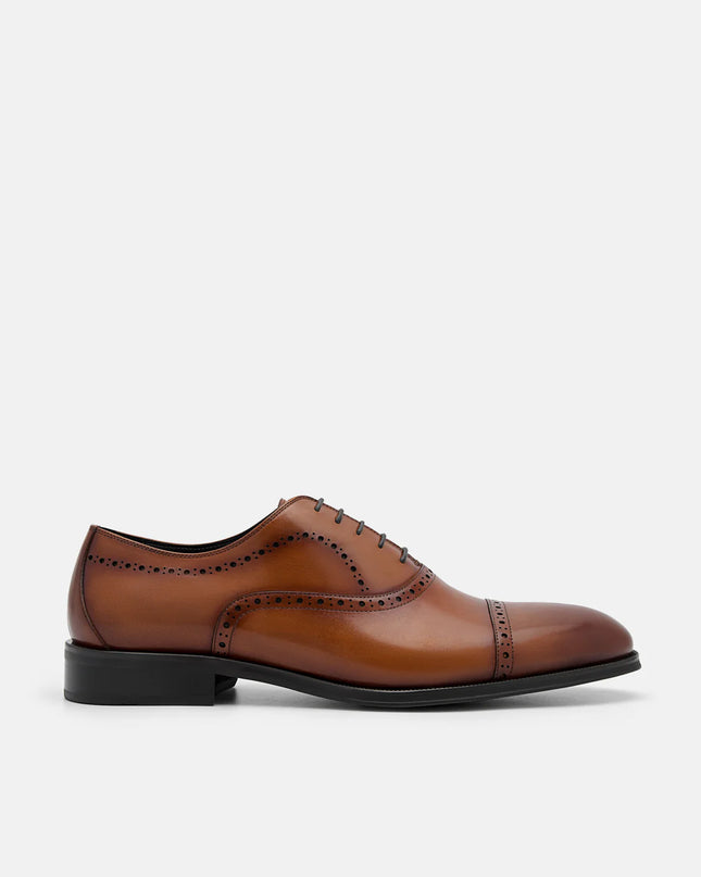 Leather Brogue Oxford Shoes - cognac