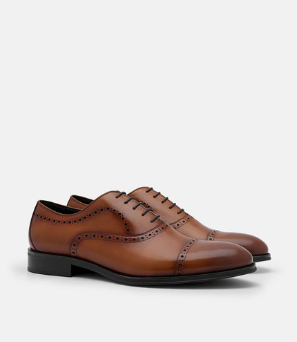 Leather Brogue Oxford Shoes - cognac