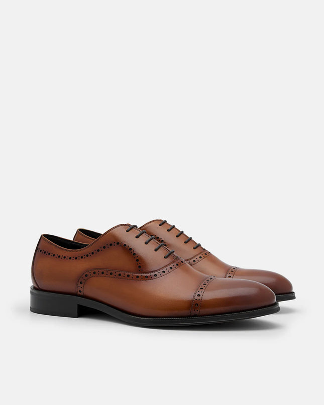 Leather Brogue Oxford Shoes - cognac