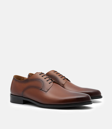 Leather Dual Finish Derby Shoes - Cognac