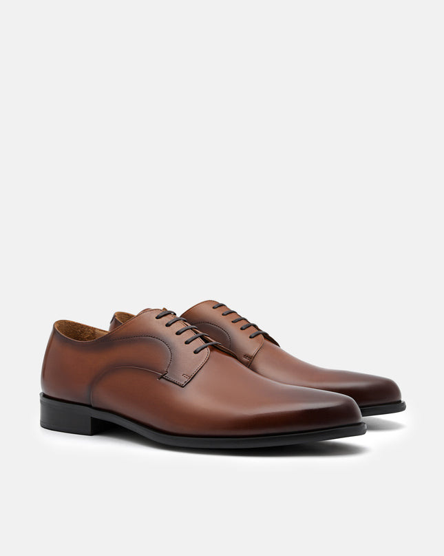 Leather Dual Finish Derby Shoes - Cognac