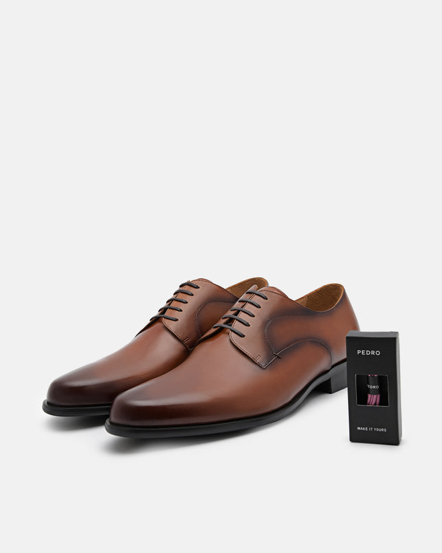 Leather Dual Finish Derby Shoes - Cognac