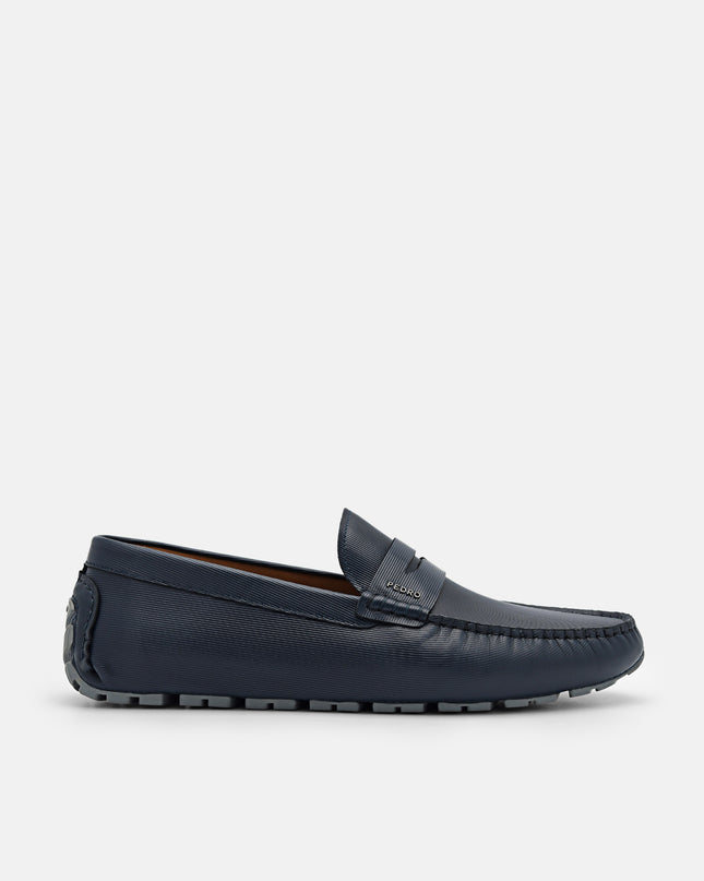 Embossed Leather Penny Loafers - Navy