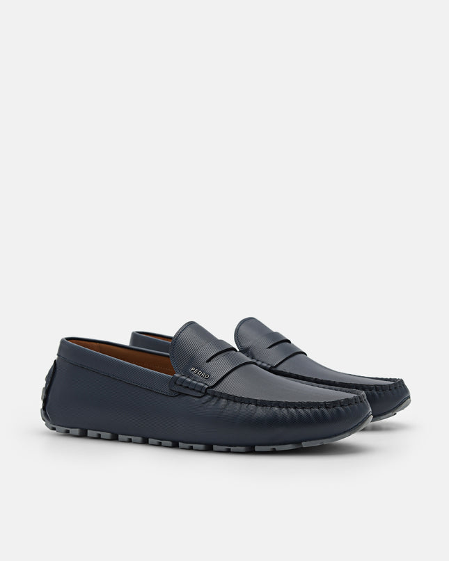 Embossed Leather Penny Loafers - Navy