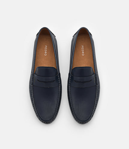 Embossed Leather Penny Loafers - Navy