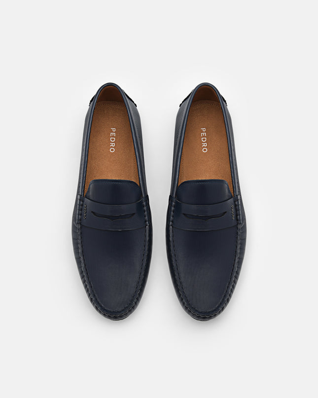 Embossed Leather Penny Loafers - Navy