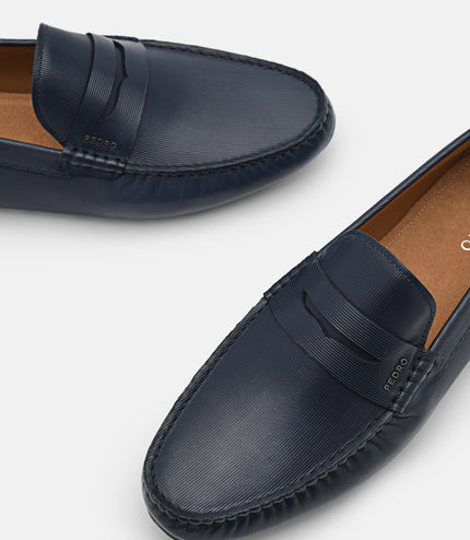 Embossed Leather Penny Loafers - Navy