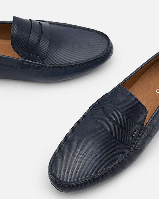 Embossed Leather Penny Loafers - Navy